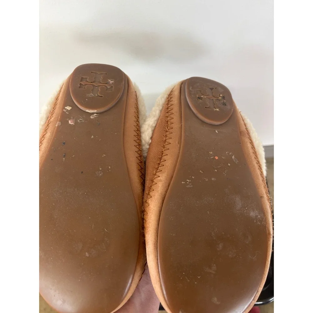 Tory Burch Tan Suede Shearling Lined Logo Moccasin Slippers Mules Womens 9.5in